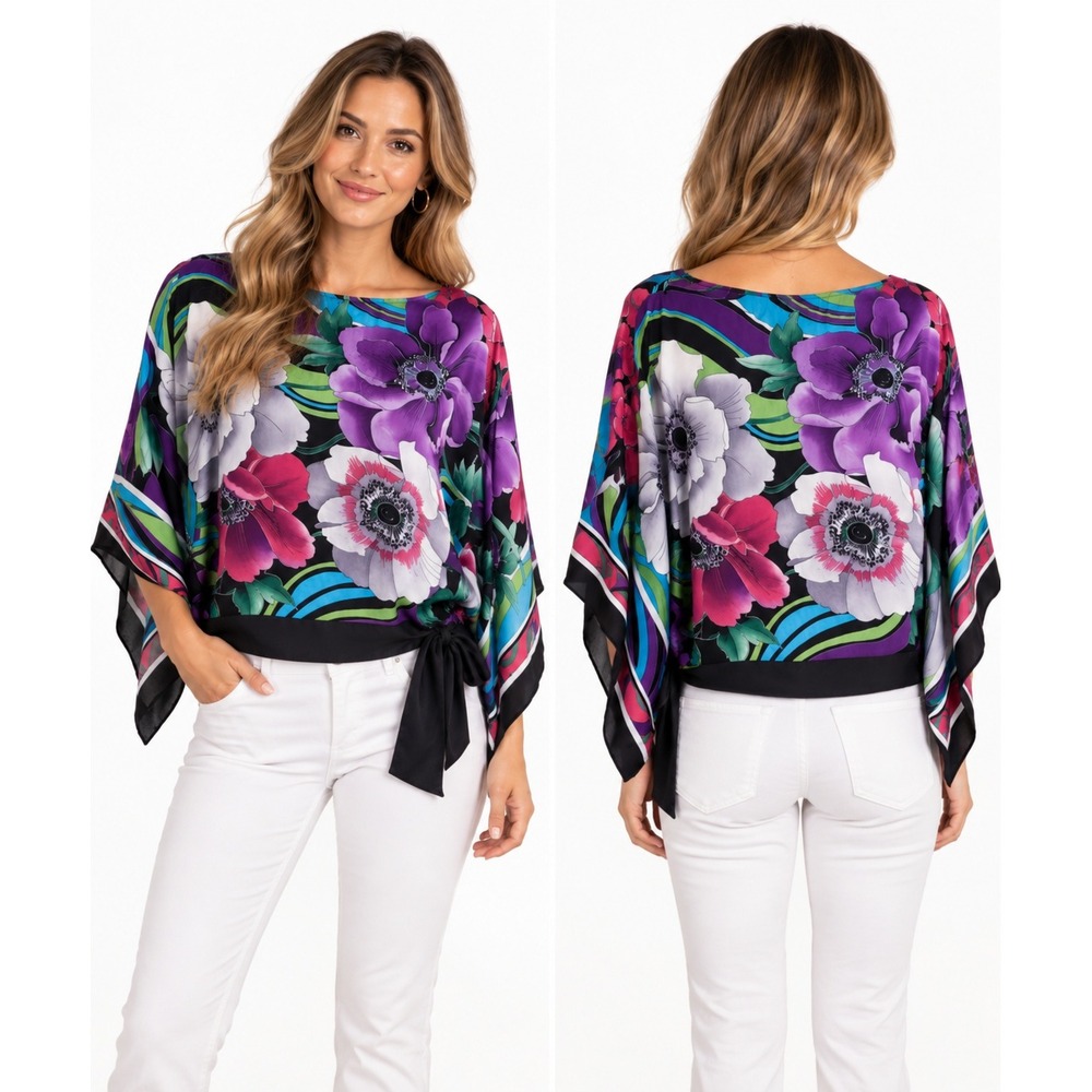 Cache Womens XS 100% Silk Floral Kimono‎ Sleeve Side Tie Blouse Purple Vintage